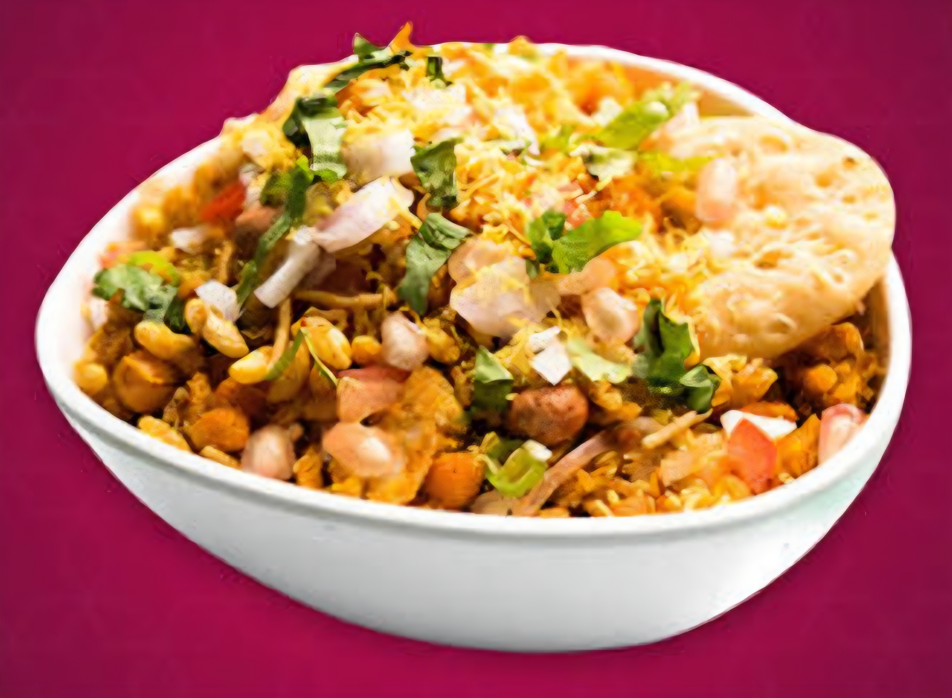 Karachi Chaat Mix — puri, aloo tikki, samosa, chickpeas with yogurt and chutneys